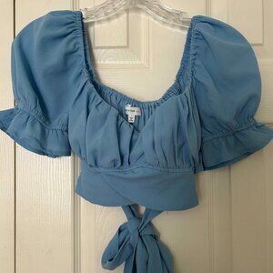 Blue Puff Sleeve Tie Back Crop Top
